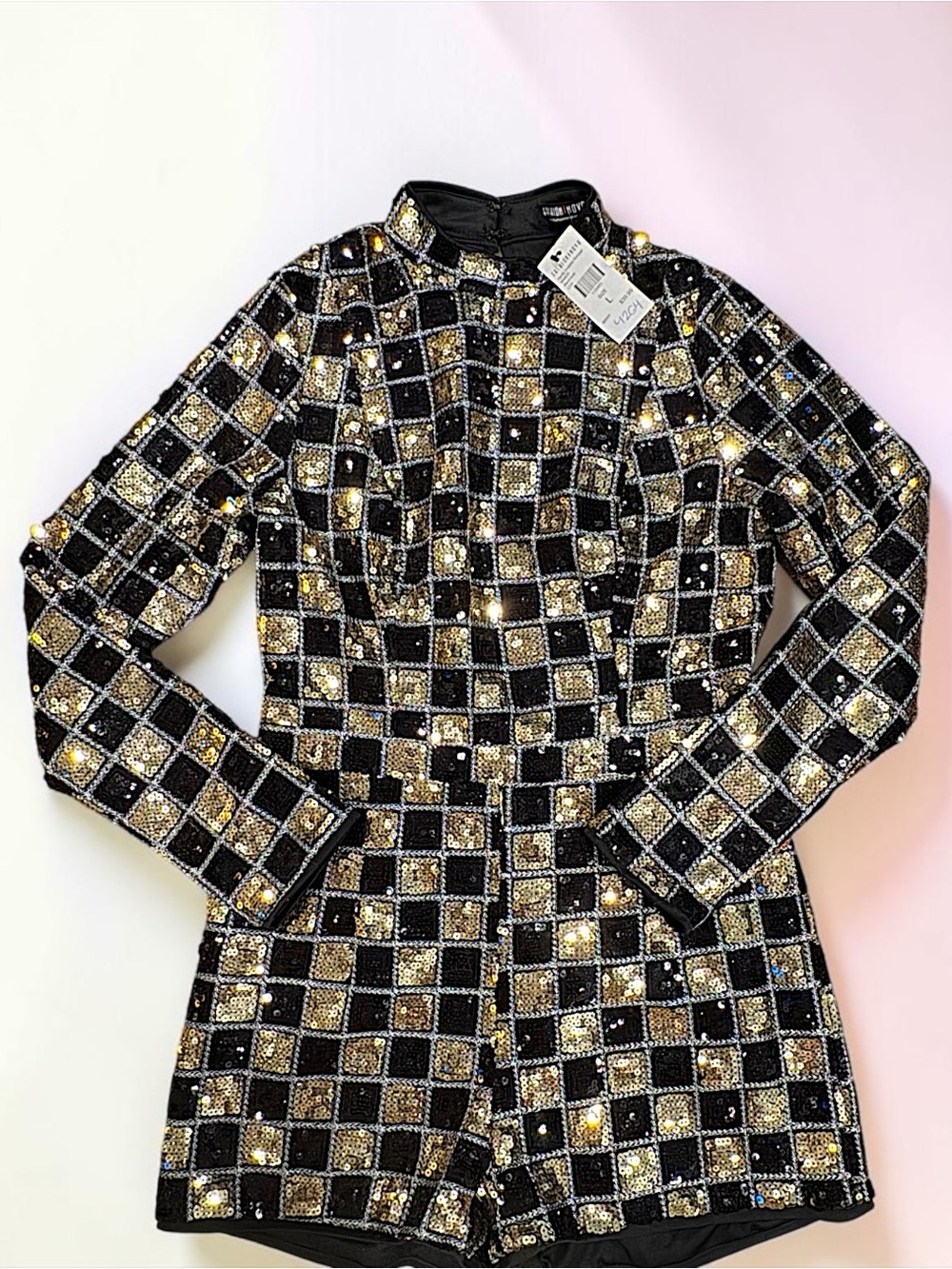 ✨Fashion Nova✨Black & Gold Checkered Sequin Romper✨NWT✨